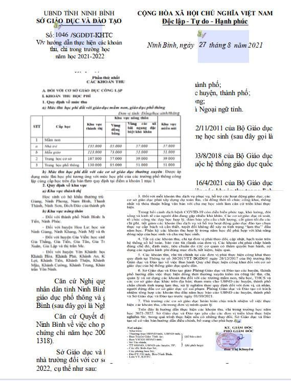 Công văn "hướng dẫn thực hiện các khoản thu, chi trong trường học năm học 2021-2022" của Sở Giáo dục Ninh Bình. Ảnh chụp màn hình: Ninhbinh.edu.vn