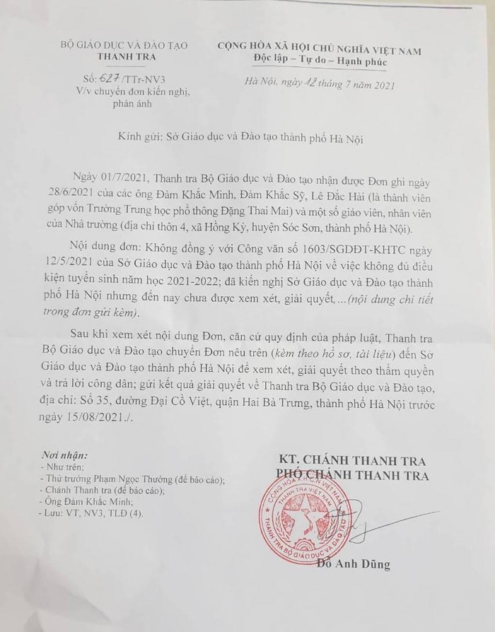 Công văn về việc chuyển đơn kiến nghị, phản ánh của Thanh tra Bộ Giáo dục và Đào tạo gửi Sở Giáo dục Hà Nội. Ảnh: Nhà trường cung cấp Công văn về việc chuyển đơn kiến nghị, phản ánh của Thanh tra Bộ Giáo dục và Đào tạo gửi Sở Giáo dục Hà Nội. Ảnh: Nhà trường cung cấp