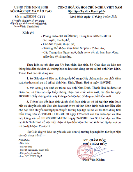 Công văn đề cập việc dừng cấp giấy đi lại qua chốt trong ngày với các học sinh ngoại tỉnh học tại Ninh Bình. Ảnh: Ninhbinh.edu.vn Công văn đề cập việc dừng cấp giấy đi lại qua chốt trong ngày với các học sinh ngoại tỉnh học tại Ninh Bình. Ảnh: Ninhbinh.edu.vn