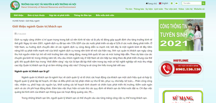 Ngành Quản trị khách sạn được giới thiệu trong số các ngành được đào tạo tại trường đại học có đặt ra mục tiêu đến 2035 là "trung tâm đào tạo nguồn nhân lực chất lượng cao cho ngành tài nguyên - môi trường". Ảnh chụp màn hình: Hunre.edu.vn Ngành Quản trị khách sạn được giới thiệu trong số các ngành được đào tạo tại trường đại học có đặt ra mục tiêu đến 2035 là "trung tâm đào tạo nguồn nhân lực chất lượng cao cho ngành tài nguyên - môi trường". Ảnh chụp màn hình: Hunre.edu.vn