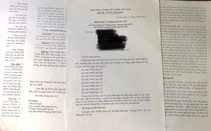 Đơn kiến nghị của các phụ huynh có con học tại Trường cao đẳng Nghệ thuật Hà Nội gửi cho phóng viên. Ảnh: Trung Dũng