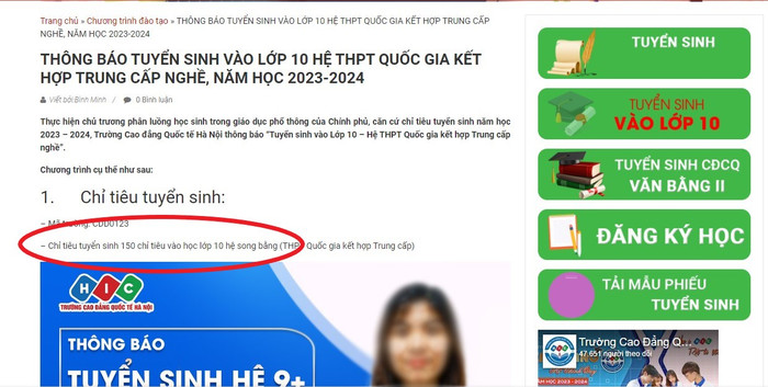 Thông báo tuyển sinh trên website của cơ sở này nêu chỉ tiêu tuyển sinh 150 chỉ tiêu vào vào lớp 10 hệ song bằng. Ảnh chụp màn hình ngày 26/4 Thông báo tuyển sinh trên website của cơ sở này nêu chỉ tiêu tuyển sinh 150 chỉ tiêu vào vào lớp 10 hệ song bằng. Ảnh chụp màn hình ngày 26/4