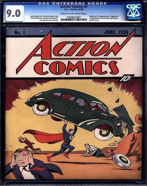 Cuốn truyện Action Comics 1 Đó là một cuốn truyện tranh cổ về siêu nhân ra đời vào năm 1938 của hai tác giả người Mỹ là Jerry Siegel và Joe Shuster. Cuốn truyện vẫn còn nguyên vẹn và giá được in trên bìa là 10 xu (0,1 USD). Nhưng nó được mang đấu giá trực tuyến tại trang web www.comicconnect.com và được bán với giá 2,16 triệu USD, mức giá cao nhất từ trước tới nay đối với một cuốn truyện tranh. Cuốn truyện Action Comics 1 Đó là một cuốn truyện tranh cổ về siêu nhân ra đời vào năm 1938 của hai tác giả người Mỹ là Jerry Siegel và Joe Shuster. Cuốn truyện vẫn còn nguyên vẹn và giá được in trên bìa là 10 xu (0,1 USD). Nhưng nó được mang đấu giá trực tuyến tại trang web www.comicconnect.com và được bán với giá 2,16 triệu USD, mức giá cao nhất từ trước tới nay đối với một cuốn truyện tranh.