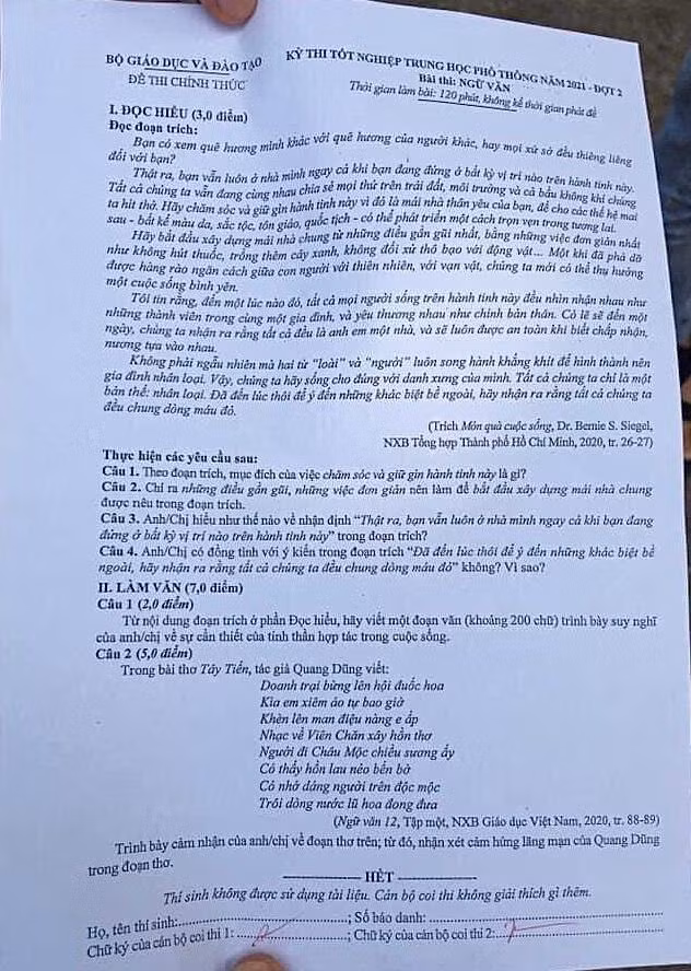 Đề thi môn Ngữ văn của kỳ thi tốt nghiệp trung học phổ thông đợt 2