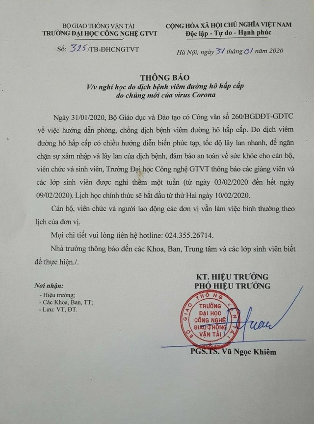 Ngày 31/1, Trường đại học Công nghệ Giao thông Vận tải đã có thông báo chính thức cho sinh viên nghỉ học hết ngày 09/02/2020