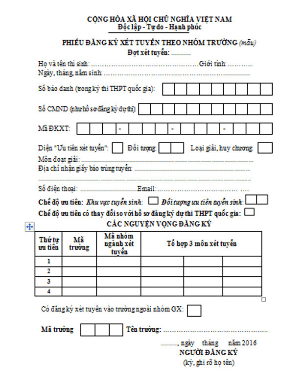 Phiếu đăng ký xét tuyển của nhóm trường Phiếu đăng ký xét tuyển của nhóm trường