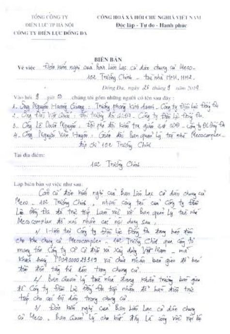 Ban liên lạc cư dân Meco gửi đơn kiến nghị lên Công ty Điện lực Đống Đa xin được mua bán điện trực tiếp không qua chủ đầu tư. Ban liên lạc cư dân Meco gửi đơn kiến nghị lên Công ty Điện lực Đống Đa xin được mua bán điện trực tiếp không qua chủ đầu tư.