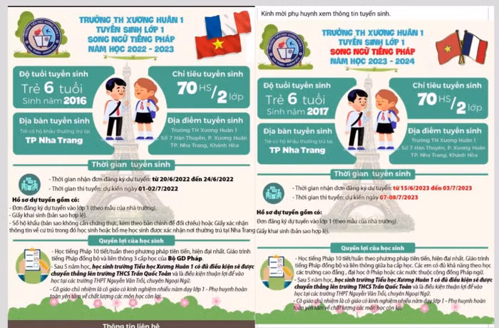 Áp phích tuyển sinh lớp song ngữ tiếng Pháp của Trường Tiểu học Xương Huân 1, thành phố Nha Trang, tỉnh Khánh Hòa cho 2 năm học vừa qua. Ảnh: PHCC