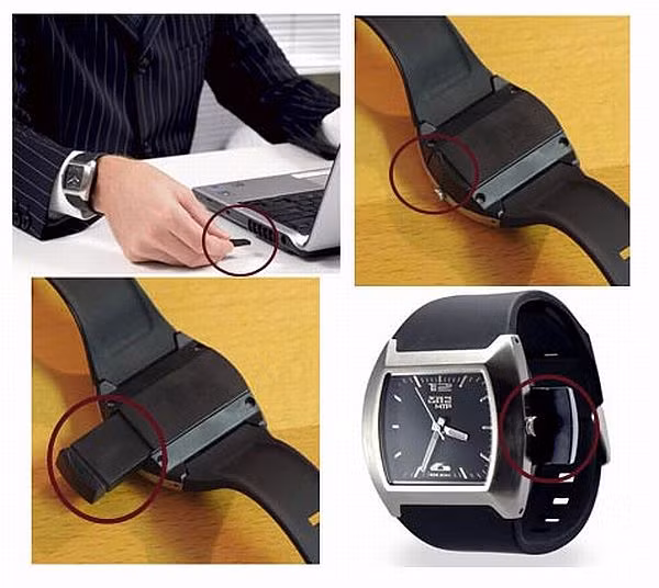 3. Cổng USB ẩn bên trong đồng hồ Ông trùm trong ngành điện tử thế giới, Nhật Bản , cũng không nằm ngoài cuộc đua phát triển sản phẩm đồng hồ đeo tay USB. Chiếc đồng hồ này có dây đeo được làm từ chất liệu nhựa pô-li-u-rê-tan màu đen, mặt kính vô cơ và được điều khiển bởi chất thạch anh Nhật Bản. Ngay phía dưới núm điều chỉnh là cổng USB nhỏ có kích thước 38 x13x 6 mm. Mặc dù cổng USB này rất nhỏ song lại có khả năng chứa dữ liệu lên tới 4GB. Giá của sản phẩm này là 60 đô la.