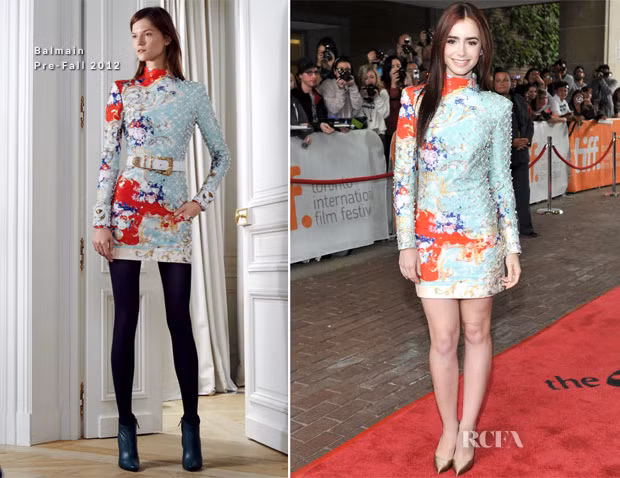 "Nàng Bạch Tuyết" Lily Collins xinh đẹp trong bộ váy xanh của Balmain.
