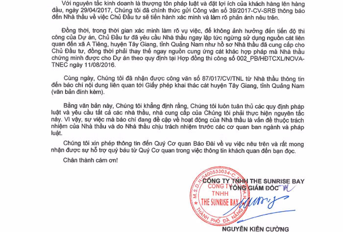 Chủ đầu tư dự án là Công ty THH The Sunrise Bay khẳng định vô can trong vụ "phù phép" nguồn gốc cát. Ảnh: TT