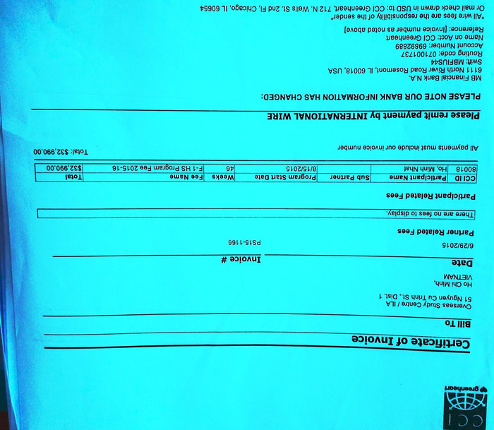 Tờ "bill to" của CCI gửi cho ILA yêu cầu thanh toán về khoản nợ của cháu HNM. Ảnh: TT Tờ "bill to" của CCI gửi cho ILA yêu cầu thanh toán về khoản nợ của cháu HNM. Ảnh: TT