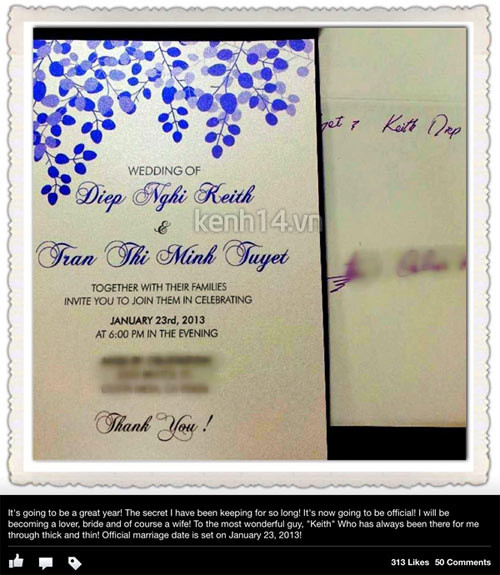 Thiệp cưới của nữ ca sĩ Minh Tuyết Thiệp cưới của nữ ca sĩ Minh Tuyết