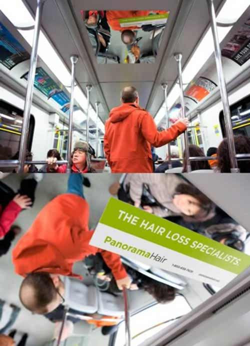 2. Giật mình vì đầu hói Chẳng mất nhiều tiền chi phí cho quảng cáo, ở Canada người ta nghĩ ra một cách là lắp 1 chiếc gương ở trên nóc xe bus, cho phép bạn tự quan sát xem đầu mình có hói hay không, nếu hói thì mời dùng sản phẩm mọc tóc Panarama này.