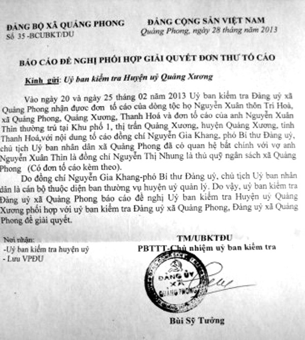 Bản báo cáo của Đảng ủy xã Quảng Phong lên Ủy ban kiểm tra Huyện Ủy Quảng Xương. Ảnh: Toàn Nguyễn/Công lý Bản báo cáo của Đảng ủy xã Quảng Phong lên Ủy ban kiểm tra Huyện Ủy Quảng Xương. Ảnh: Toàn Nguyễn/Công lý