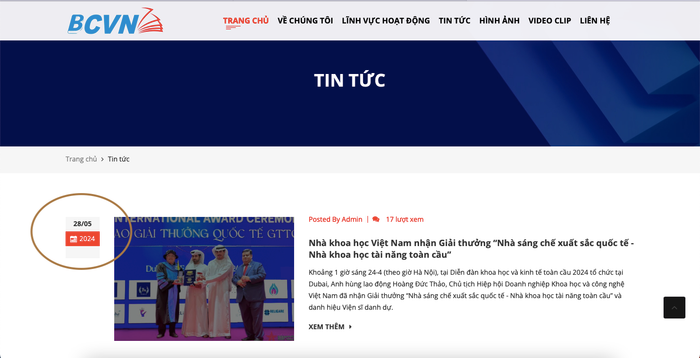 Ảnh chụp màn hình website "bcvn.org.vn" cho thấy thông tin bài viết mới nhất liên quan đến sự kiện "sắc phong danh dự" có mốc thời gian đăng tải ngày 28/5. Ảnh chụp Màn hình 2024-07-14 lúc 14.59.18.png