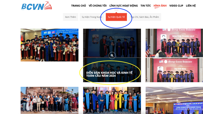 Ảnh chụp màn hình ngày 14/7 tại trang "bcvn.org.vn", tại mục "sự kiện quốc tế" phóng viên ghi nhận có sự kiện gần nhất được đăng tải mang tên ""Diễn đàn khoa học và kinh tế toàn cầu", sự kiện này diễn ra vào ngày 23/4/2024. Ảnh chụp Màn hình 2024-07-14 lúc 17.26.37.png