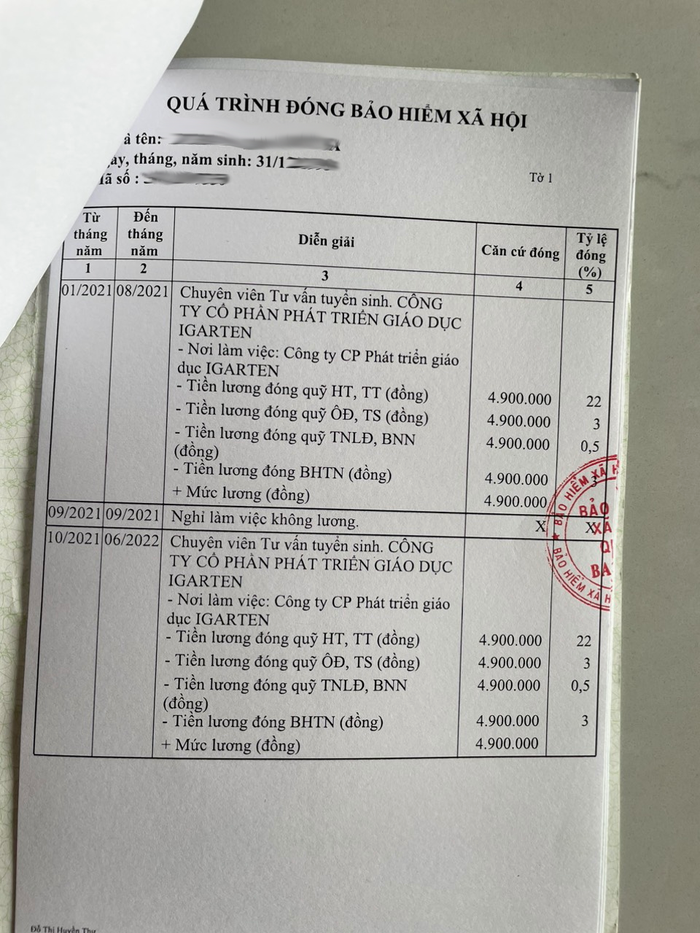 Ảnh chụp một phần quá trình tham đóng Bảo hiểm xã hội khi người lao động làm việc tại Công ty Igarten. Ảnh: Bạn đọc cung cấp so-bao-hiem-5-3878-2.png