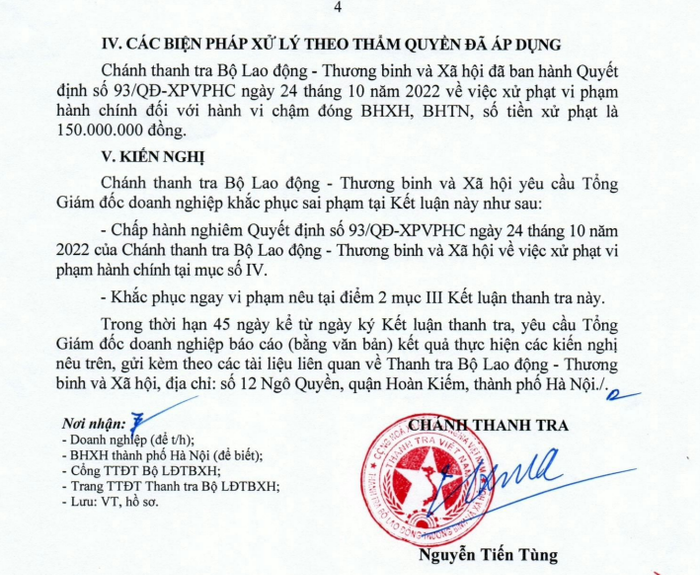Công ty Igarten từng bị Thanh tra Bộ Lao động - Thương binh và Xã hội ra quyết định xử phạt vi phạm hành chính với số tiền 150 triệu đồng. Ảnh chụp màn hình kết luận thanh tra. Screenshot 2024-07-26 133725.png