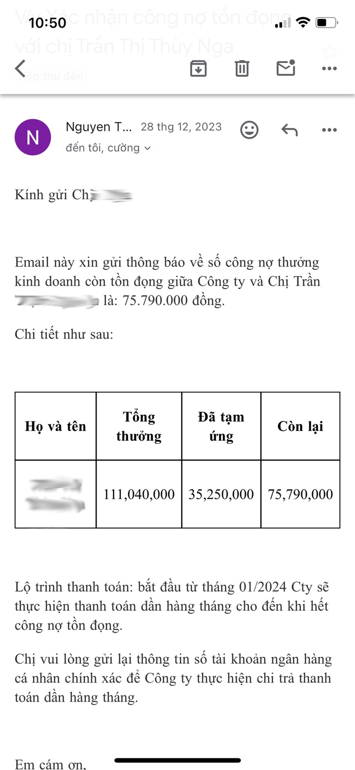 Email xác nhận công nợ của Công ty Igarten đối với người lao động. Ảnh: Bạn đọc cung cấp mail 1.png