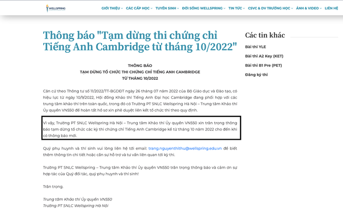 Thông báo ""Tạm dừng thi chứng chỉ tiếng Anh Cambridge từ tháng 10/2022" cho đến khi có thông báo mới. Hiệu trưởng Trường THPT Wellspring Hà Nội và nhân viên tư vấn tuyển sinh của nhà trường đều khẳng định đến nay vẫn chưa có thông báo thay thế. Ảnh chụp màn hình Ảnh chụp Màn hình 2024-07-19 lúc 16.37.34.png