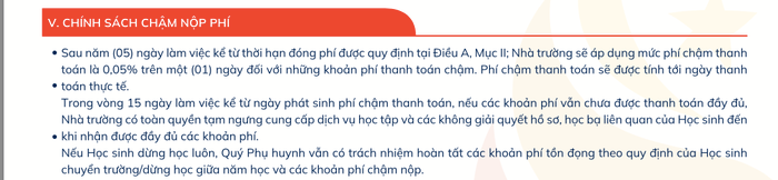 Trong tờ rơi thông báo về biểu phí năm học 2024 - 2025 của Trường Wellspring Hà Nội có ghi rõ việc, nếu phụ huynh chậm nộp các khoản phí thì sẽ bị tính lãi và có thể tạm dừng việc học của con. Ảnh chụp màn hình Ảnh chụp Màn hình 2024-07-19 lúc 16.51.07.png