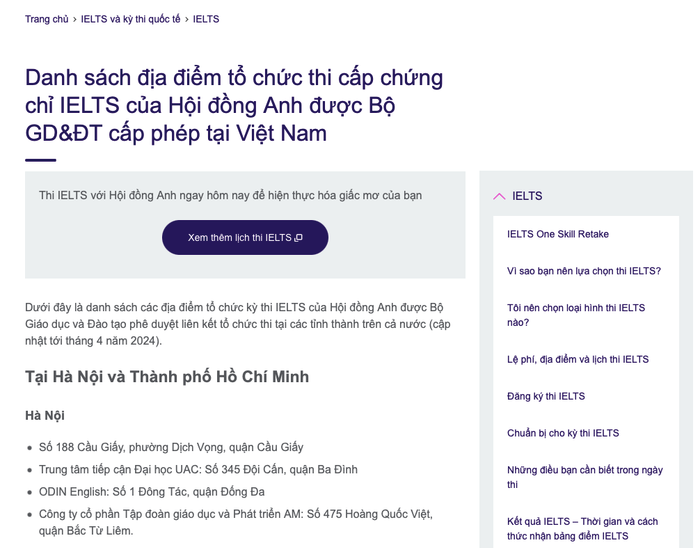 Tra cứu thêm trên website của Hội đồng Anh, các địa điểm tổ chức thi cấp chứng chỉ IELTS tại Hà Nội cũng không có tên trường Wellspring. Ảnh chụp màn hình Ảnh chụp Màn hình 2024-07-19 lúc 15.36.00.png