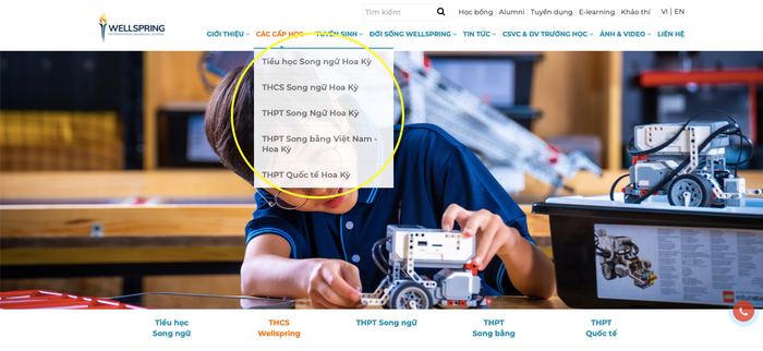 Chương trình học được Trường Wellspring Hà Nội công bố tại mục "các cấp học" trên website nhà trường. Ảnh chụp màn hình Ảnh chụp Màn hình 2024-07-19 lúc 16.23.58.png