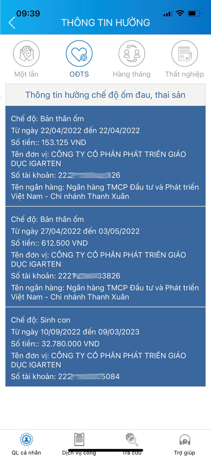 Thông tin trên ứng dụng của Bảo hiểm xã hội Việt Nam của người lao động cho thấy được hưởng tiền chế độ thai sản với mức chi trả hơn 30 triệu đồng. Số tài khoản thụ hưởng ghi tên Công ty Igarten. Ảnh: Bạn đọc cung cấp visis2.png