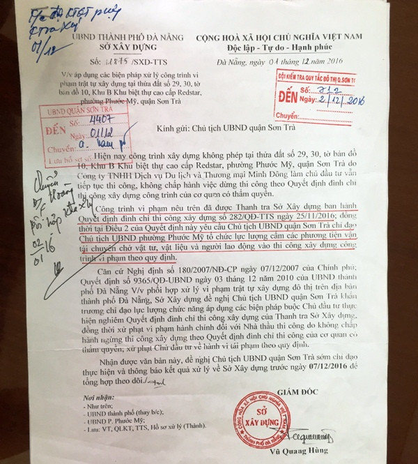 Công văn của Sở Xây dựng Đà Nẵng đề nghị xử lý công trình xây dựng không phép bất chấp quy định. Ảnh: TT Công văn của Sở Xây dựng Đà Nẵng đề nghị xử lý công trình xây dựng không phép bất chấp quy định. Ảnh: TT