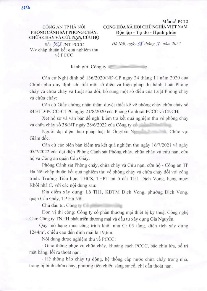 Văn bản chấp thuận kết quả nghiệm thu về phòng cháy chữa cháy với khối nhà C của Trường Liên cấp The Dewey School Cầu Giấy. Ảnh: NTCC Văn bản chấp thuận kết quả nghiệm thu về phòng cháy chữa cháy với khối nhà C của Trường Liên cấp The Dewey School Cầu Giấy. Ảnh: NTCC