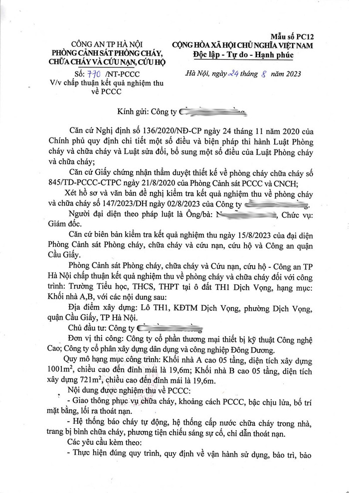 Văn bản chấp thuận kết quả nghiệm thu về phòng cháy chữa cháy với khối nhà A, B của Trường Liên cấp The Dewey School Cầu Giấy. Ảnh: NTCC Văn bản chấp thuận kết quả nghiệm thu về phòng cháy chữa cháy với khối nhà A, B của Trường Liên cấp The Dewey School Cầu Giấy. Ảnh: NTCC