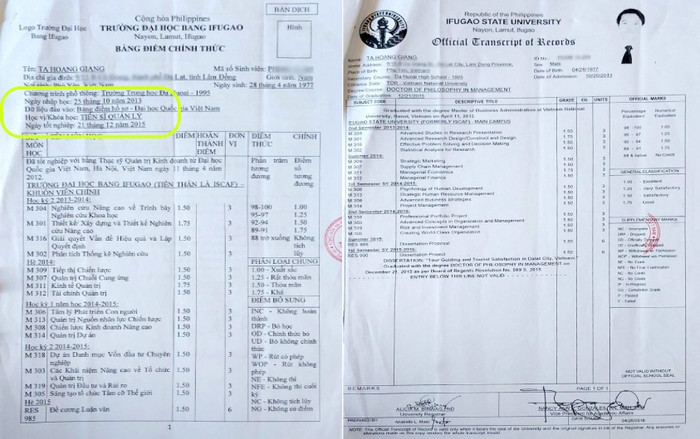 Bảng điểm chính thức bản gốc (ảnh phải) và bản dịch lại (ảnh trái) của ông Tạ Hoàng Giang có thể hiện ngày nhập học là 25/10/2013 và ngày tốt nghiệp là 21/12/2015, học vị Tiến sĩ Quản lý. Ảnh: Ông Tạ Hoàng Giang cung cấp Bảng điểm chính thức bản gốc (ảnh phải) và bản dịch lại (ảnh trái) của ông Tạ Hoàng Giang có thể hiện ngày nhập học là 25/10/2013 và ngày tốt nghiệp là 21/12/2015, học vị Tiến sĩ Quản lý. Ảnh: Ông Tạ Hoàng Giang cung cấp