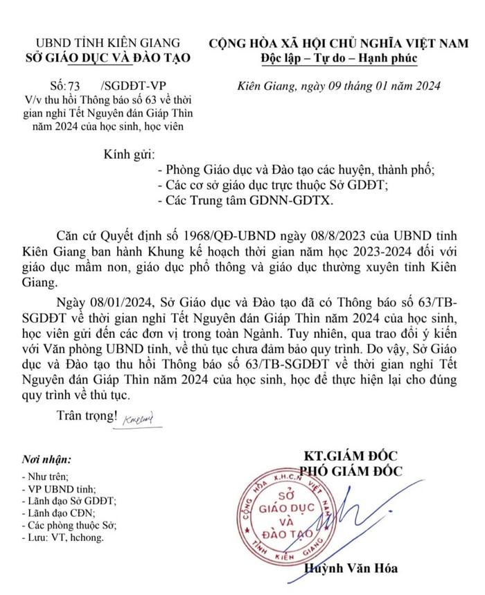 Văn bản thu hồi thông báo nghỉ Tết của Sở Giáo dục và Đào tạo Kiên Giang. Ảnh: CTV