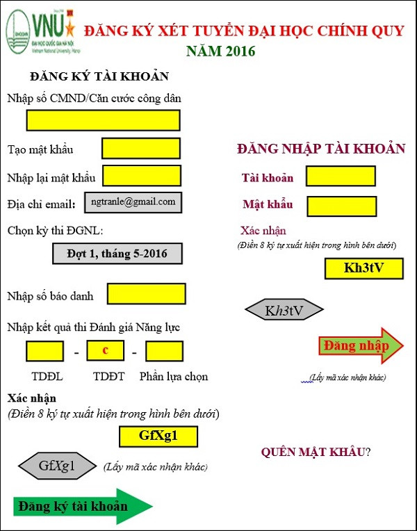 Thí sinh đăng ký xét tuyển tại website của Đại học Quốc gia Hà Nội (Ảnh chụp màn hình) Thí sinh đăng ký xét tuyển tại website của Đại học Quốc gia Hà Nội (Ảnh chụp màn hình)