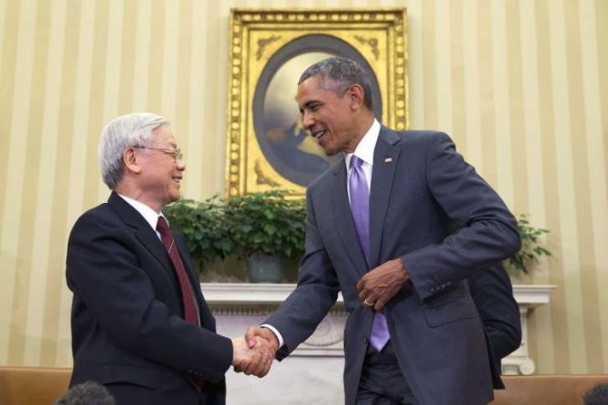 Tổng thống Barack Obama tiếp Tổng Bí thư Nguyễn Phú Trọng thăm chính thức Hoa Kỳ (tháng 7/2015). Tổng thống Barack Obama tiếp Tổng Bí thư Nguyễn Phú Trọng thăm chính thức Hoa Kỳ (tháng 7/2015).