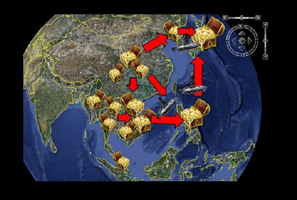 Tuy nhiên, lúc đó họ bị máy bay quân đội Đồng Minh oanh kích nên số tàu chở báu vật được lệnh di chuyển vào một địa điểm bí mật ở ven biển Nam Trung bộ Việt Nam, nơi quân Nhật đang chiếm đóng để chôn giấu trên một ngọn đồi. Toàn bộ nhân công người bản xứ, thậm chí những đốc công người Việt và người Nhật tham gia chôn giấu kho báu đều bị thủ tiêu. Kho báu được giữ kín và chỉ có tướng Yamashita cùng một vài sĩ quan cao cấp trong quân đội Phát xít Nhật nắm giữ.