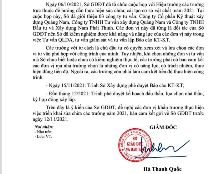 Công văn giới thiệu công ty tư vấn sửa chữa trường học gây xôn xao dư luận của Sở Giáo dục và Đào tạo Quảng Nam. Ảnh: TĐ