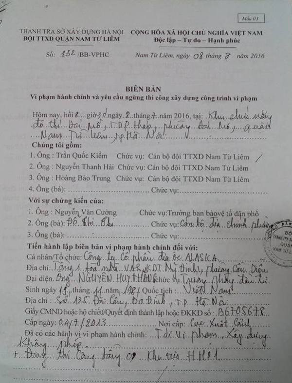 Biên bản xử lý vi phạm hành chính và yêu cầu ngừng thi công xây dựng công trình vi phạm do Đội Thanh tra xây dựng lập đối với Công ty Alaska. Biên bản xử lý vi phạm hành chính và yêu cầu ngừng thi công xây dựng công trình vi phạm do Đội Thanh tra xây dựng lập đối với Công ty Alaska.