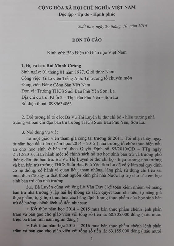 Đơn tố cáo cô Vũ Thị Luyên, Hiệu trưởng Trường trung học cơ sở Suối Bau, Phù Yên, Sơn La tham nhũng suất ăn của học sinh bán trú do thầy Bùi Mạnh Cường gửi Báo điện tử Giáo dục Việt Nam. Ảnh Trần Việt.