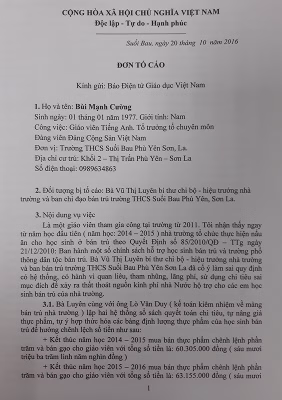Đơn tố cáo cô Vũ Thị Luyên, Hiệu trưởng Trường trung học cơ sở Suối Bau, Phù Yên, Sơn La tham nhũng suất ăn của học sinh bán trú do thầy Bùi Mạnh Cường gửi Báo điện tử Giáo dục Việt Nam. Ảnh Trần Việt.