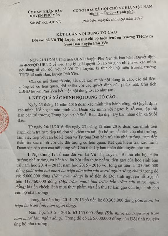 Kết luận số 05/KL-UBND ngày 04/01/2017 của UBND huyện Phù Yên về nội dung tố cáo bà Vũ Thị Luyên đã chỉ ra rất rõ việc làm sai phạm của lãnh đạo nhà trường. Ảnh Trần Việt.