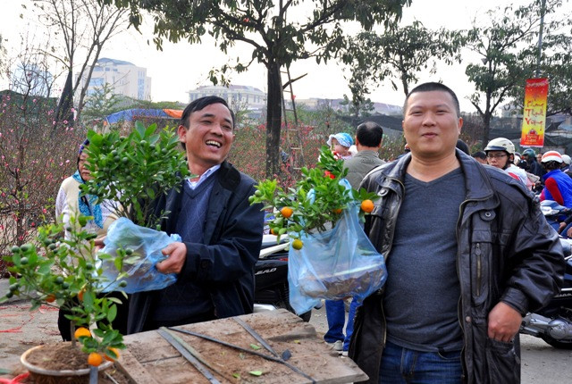 Đi chợ hoa ngày Tết, 2 người đàn ông này tỏ ra rất thích thú khi bắt gặp cây quất mini. Dự định của họ sẽ đặt cây quất này tại bàn làm việc.