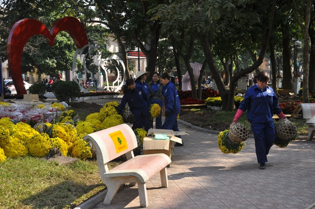 Việc trang trí những “vườn hoa” xung quanh bờ hồ Hoàn Kiếm do nhân viên công ty Cây xanh Hà Nội thực hiện. Việc trang trí những “vườn hoa” xung quanh bờ hồ Hoàn Kiếm do nhân viên công ty Cây xanh Hà Nội thực hiện.