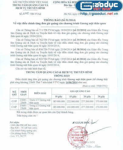 Bảng giá quảng cáo Chung kết Gương mặt thân quen được điều chỉnh từ ngày 5/6 Bảng giá quảng cáo Chung kết Gương mặt thân quen được điều chỉnh từ ngày 5/6