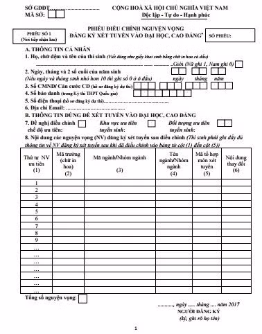 Phiếu điều chỉnh nguyện vọng xét tuyển đại học năm 2017