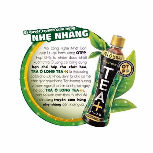 Suntory PepsiCo Việt Nam quảng cáo sản phẩm trà Ô Long TEA + được sản xuất theo công nghệ Nhật Bản, chứa hoạt chất OTPP có công dụng hạn chế hấp thu chất béo. Suntory PepsiCo Việt Nam quảng cáo sản phẩm trà Ô Long TEA + được sản xuất theo công nghệ Nhật Bản, chứa hoạt chất OTPP có công dụng hạn chế hấp thu chất béo.