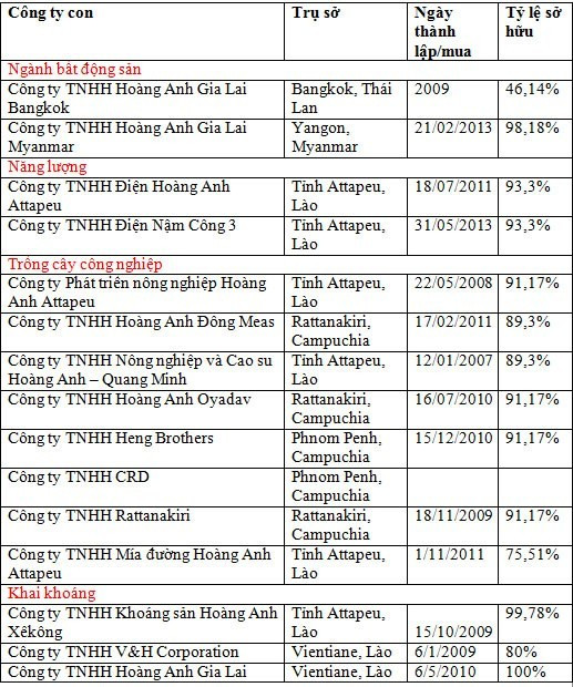 Danh sách công ty con của Hoàng Anh Gia Lai ở nước ngoài (ảnh chụp lại Báo cáo tài chính của Tập đoàn Hoàng Anh Gia Lai