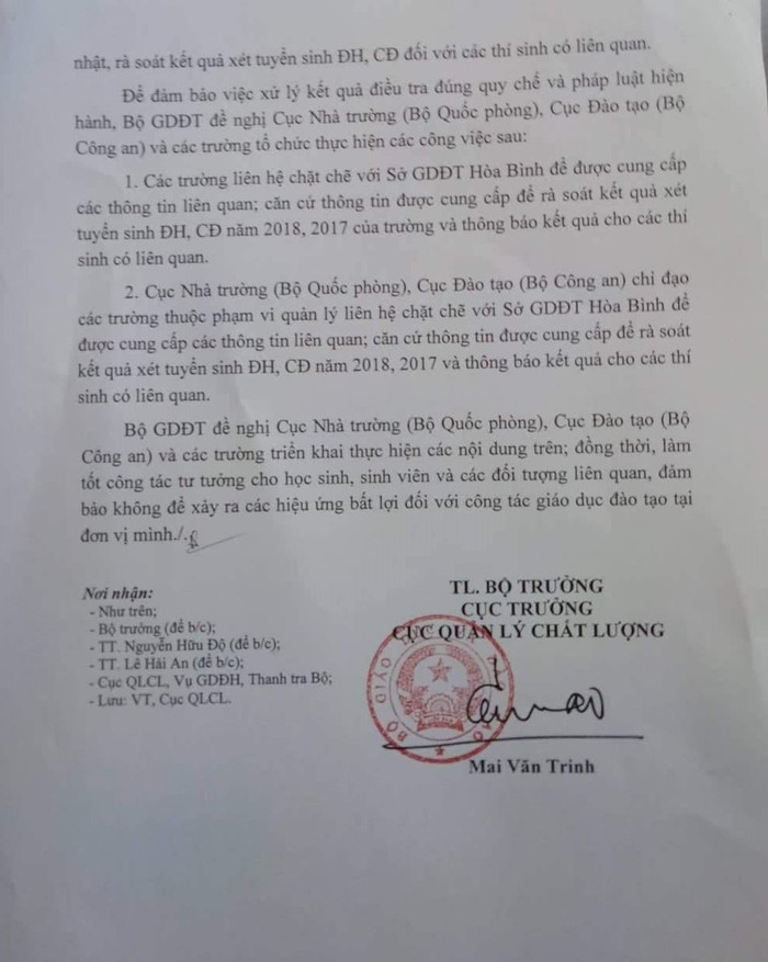 Bộ Giáo dục và Đào tạo đề nghị Cục nhà trường (Bộ Quốc phòng), Cục Đào tạo (Bộ Công an) chỉ đạo các trường liên hệ với Sở Giáo dục và Đào tạo Hòa Bình để để được cung cấp thông tin.
