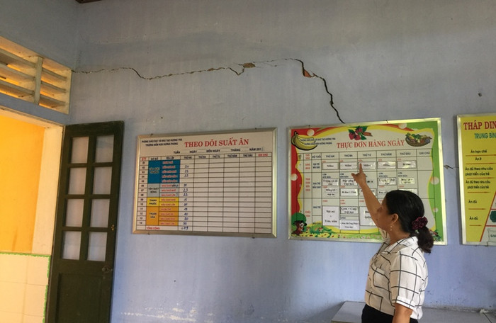 Cô trò phấp phỏng lo âu ngồi học dưới những phòng ốc đã xuống cấp với nhiều vết nứt lớn. Ảnh: TL Cô trò phấp phỏng lo âu ngồi học dưới những phòng ốc đã xuống cấp với nhiều vết nứt lớn. Ảnh: TL